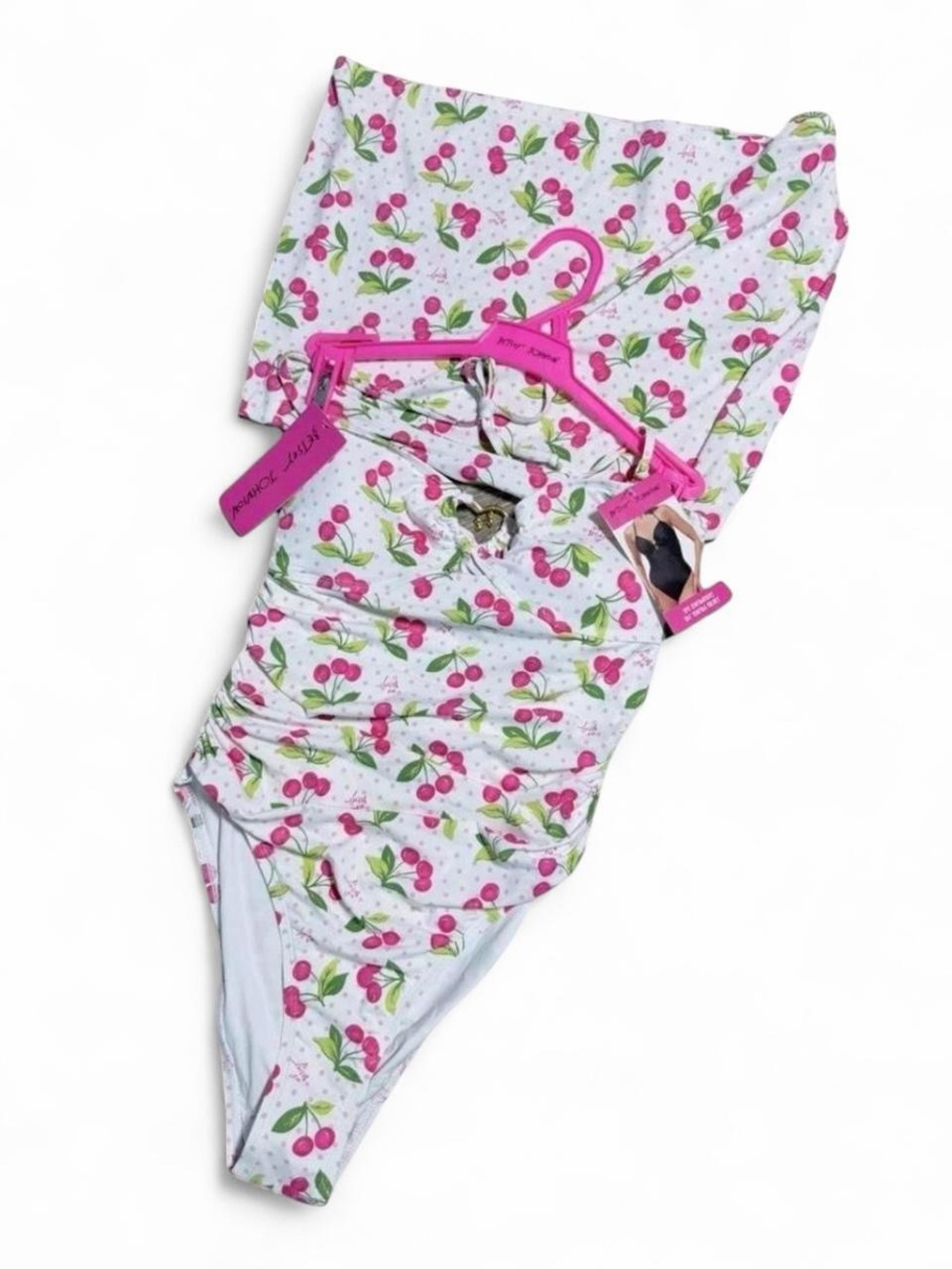 NWT M Betsey Johnson Cherry Dot Print One Piece Swimsuit with Skirt 2-Piece Set